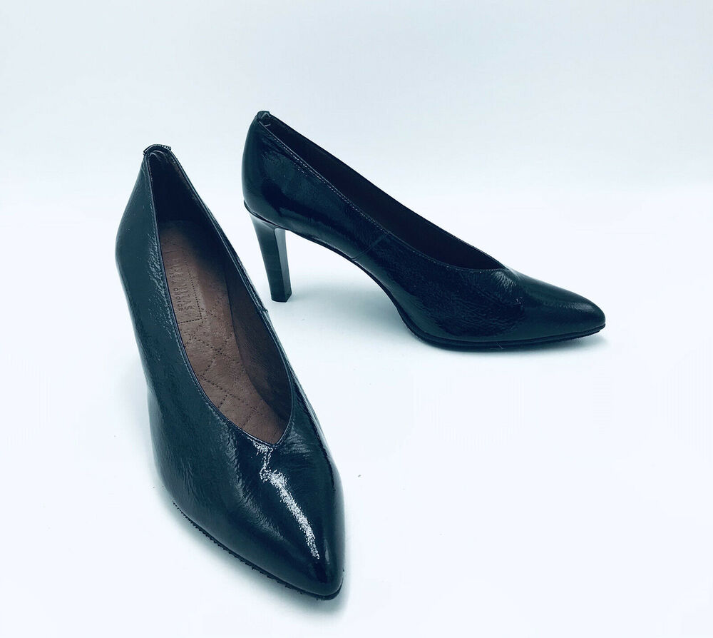 Hispanitas Women's 41 US 11 Heels Pumps Black Patent Leather Stacked Heel